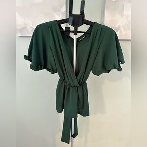 JEUVRE DARK GREEN SHORT SLEEVE RUFFLE PEPLUM TOP WITH WAIST TIE DETAIL